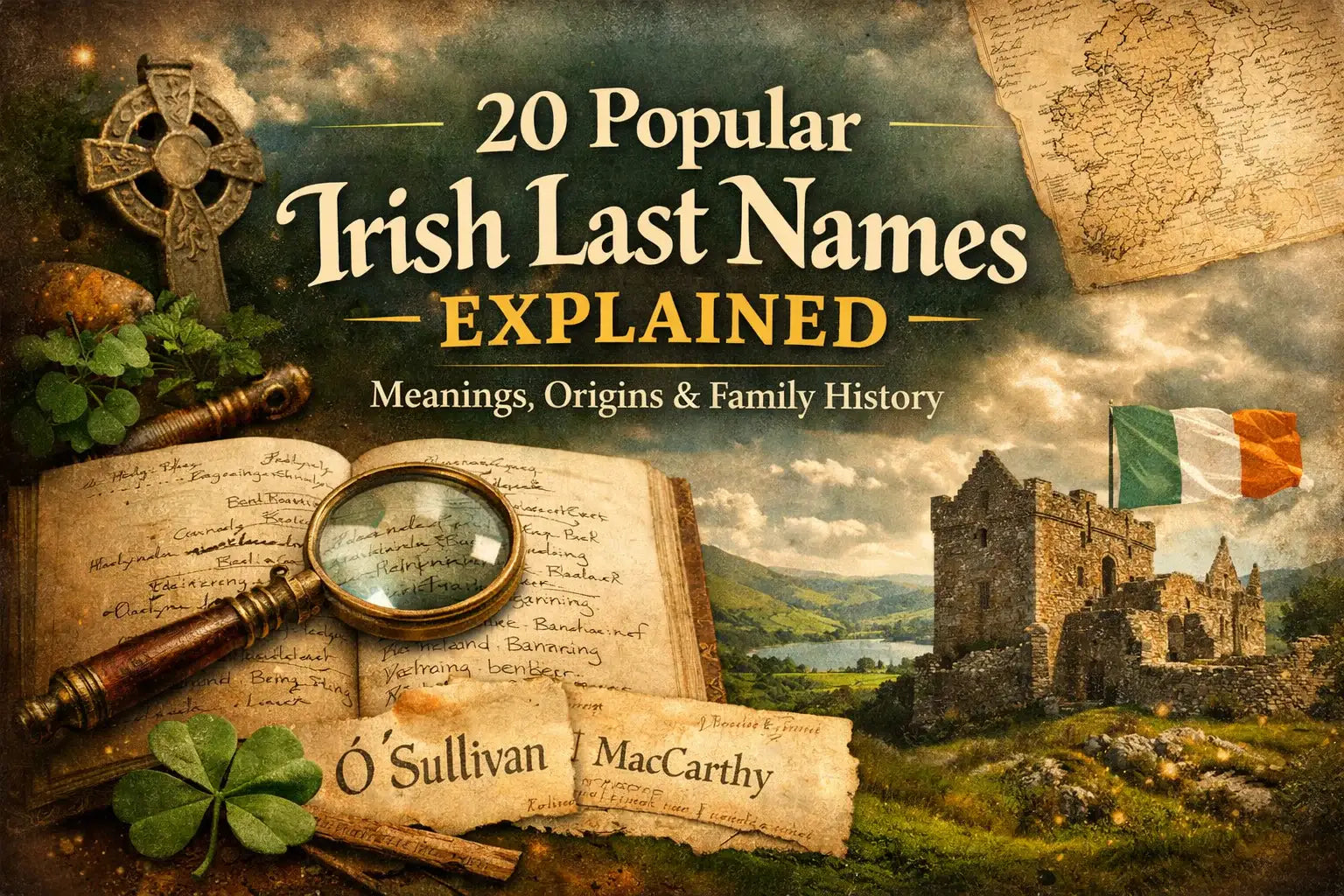 Blog header image for “20 Popular Irish Last Names Explained” featuring vintage Irish genealogy elements, Celtic cross, shamrocks, old records, magnifying glass, Irish castle, and bold title text about surname meanings, origins, and family history.