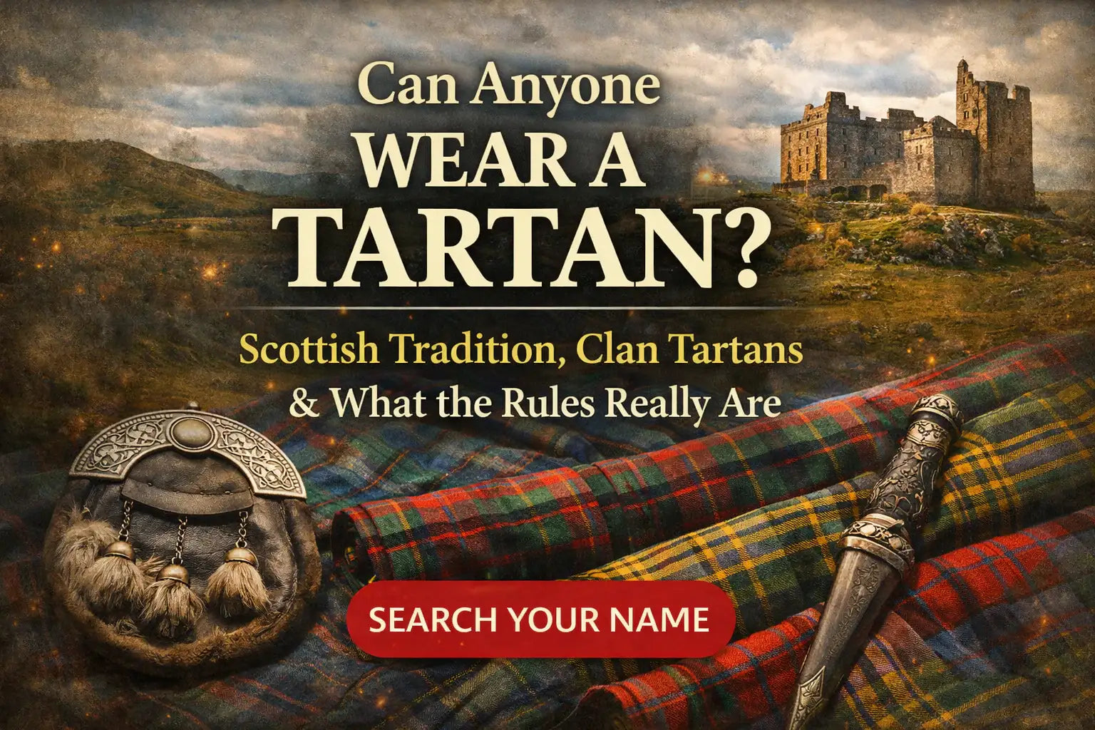 Blog header image for Can Anyone Wear a Tartan featuring traditional Scottish tartan fabric, Highland heritage styling, and text about clan tartans, Scottish tradition, and tartan rules