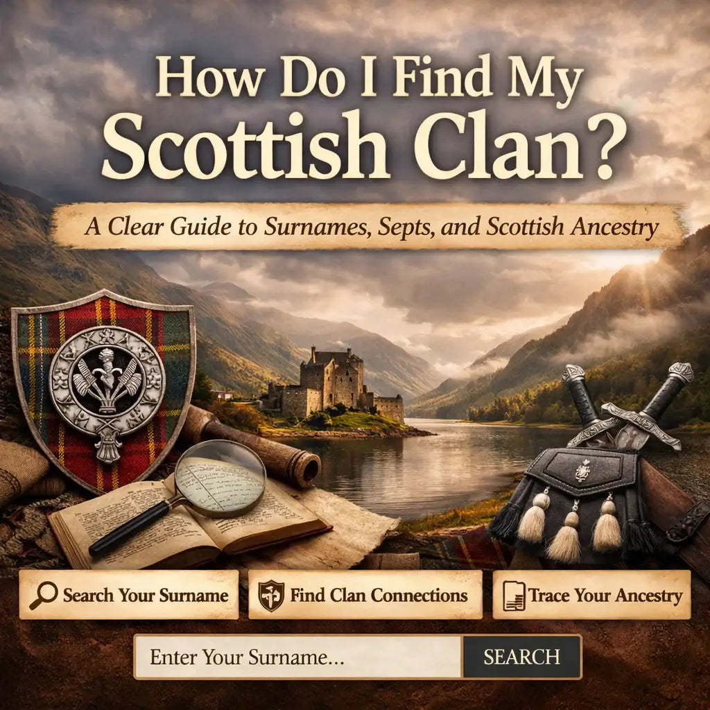 Blog header image for “How Do I Find My Scottish Clan?” featuring a misty Scottish Highland loch, mountain glen, castle, tartan shield, Celtic brooch
