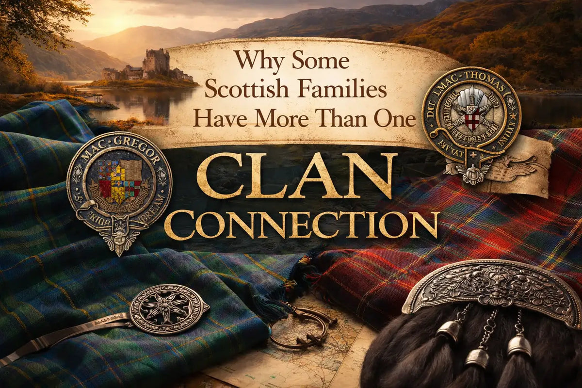 cottish loch and castle at sunset with tartan cloth, clan badges, a fur sporran, and the title “Why Some Scottish Families Have More Than One Clan Connection” in large parchment-style lettering.