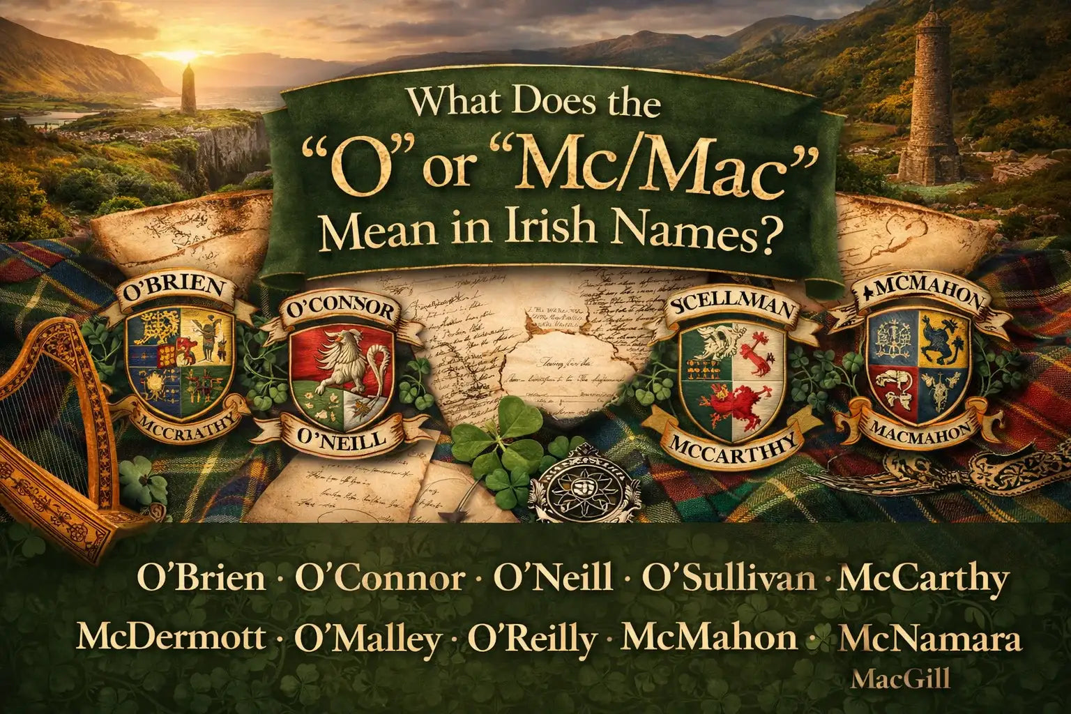 Irish surname blog banner with Celtic symbols, family crests, and the title “What Does the ‘O’ or ‘Mc/Mac’ Mean in Irish Names?”