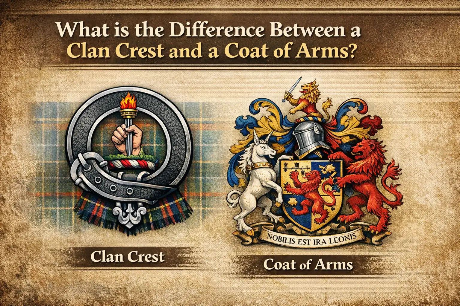 Scottish heraldry illustration comparing a clan crest badge with a coat of arms on a parchment-style background.