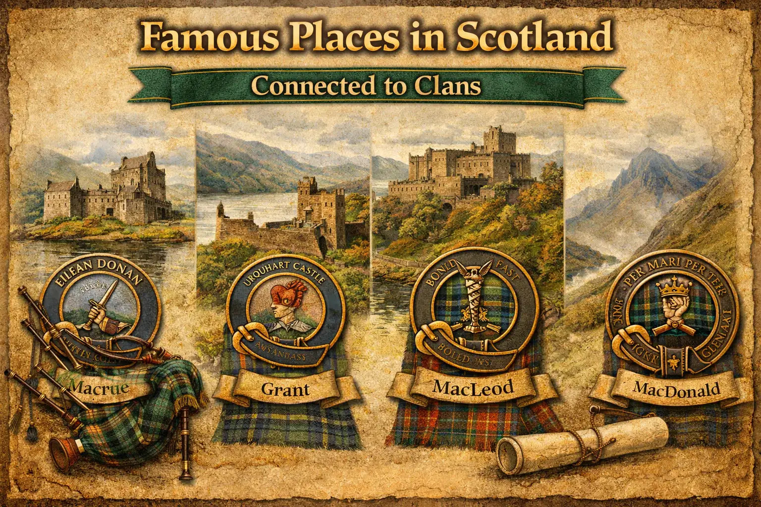 Vintage-style illustration of famous Scottish clan places, featuring castles, Highland scenery, tartans, and clan crest badges.