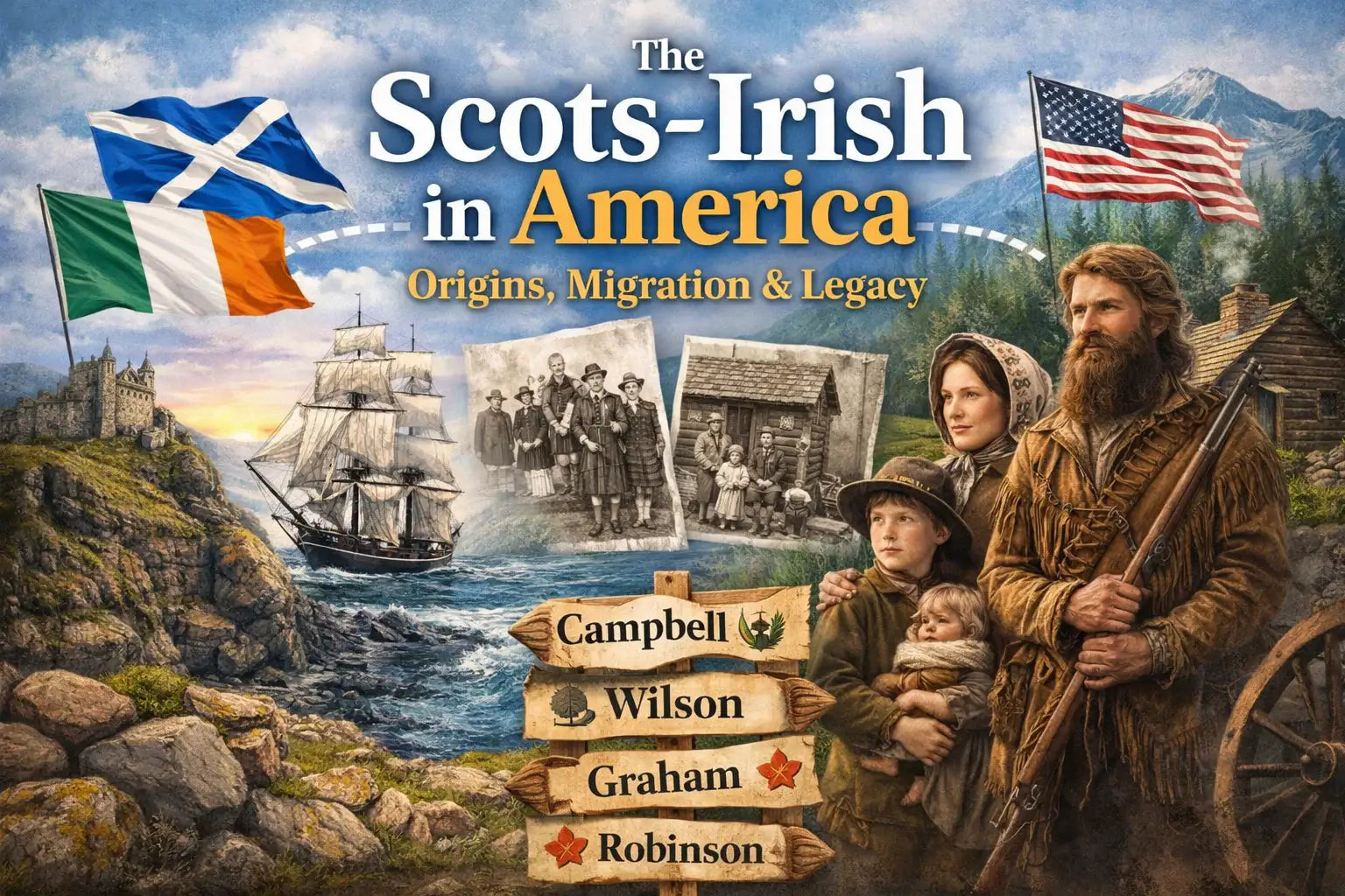 Blog banner about the Scots-Irish in America with flags, a sailing ship, frontier family, and migration imagery.