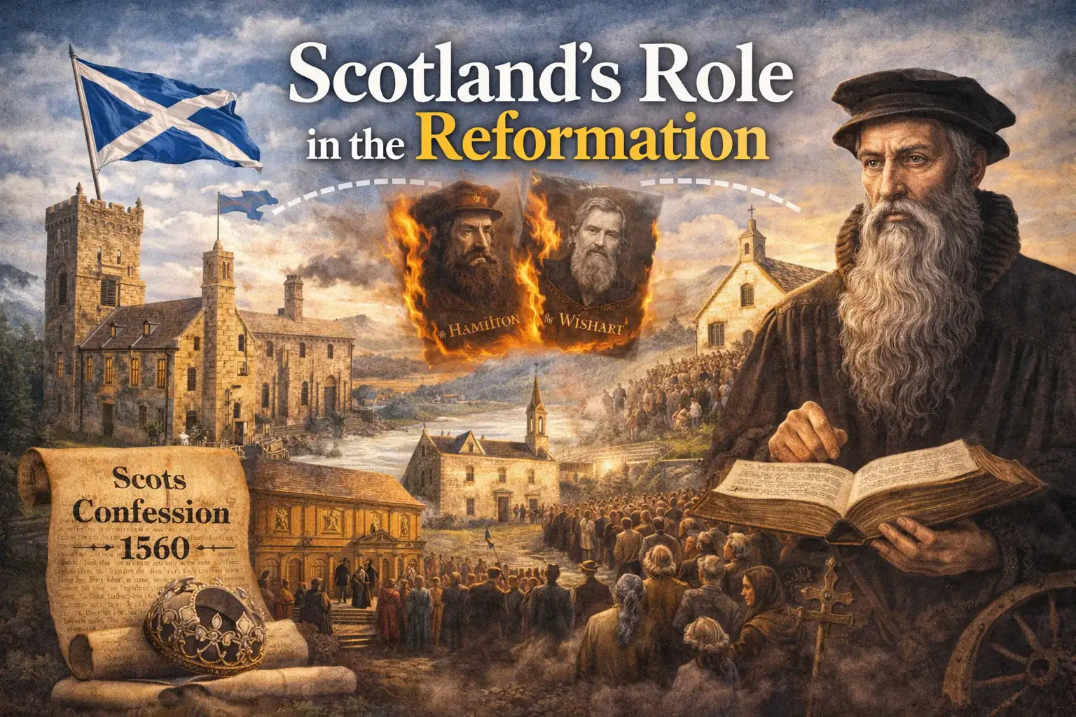 Blog banner about Scotland’s role in the Reformation featuring John Knox, churches, crowds, and the Scots Confession of 1560.