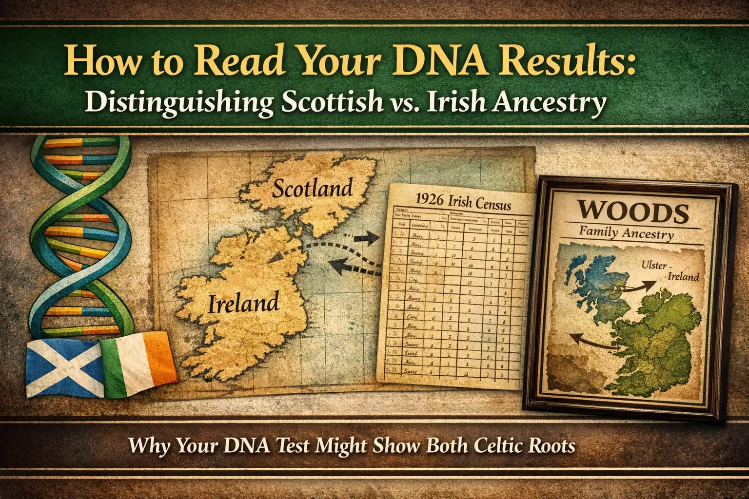 Scottish and Irish ancestry blog header image with DNA strand, vintage maps of Scotland and Ireland, census-style record, and heritage-themed typography.