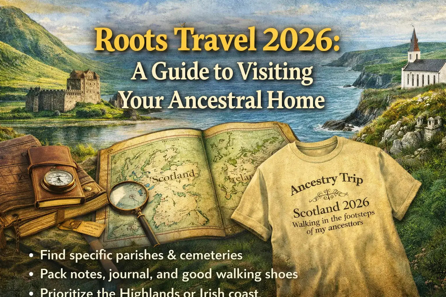 Horizontal blog header image for roots travel in Scotland and Ireland, featuring Highland and coastal landscapes, ancestral maps, journal, travel items, and heritage travel text.