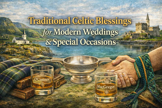 Celtic wedding blessings, featuring Scottish and Irish landscapes, a quaich, handfasting cords, engraved glasses, and centered heritage-style text.