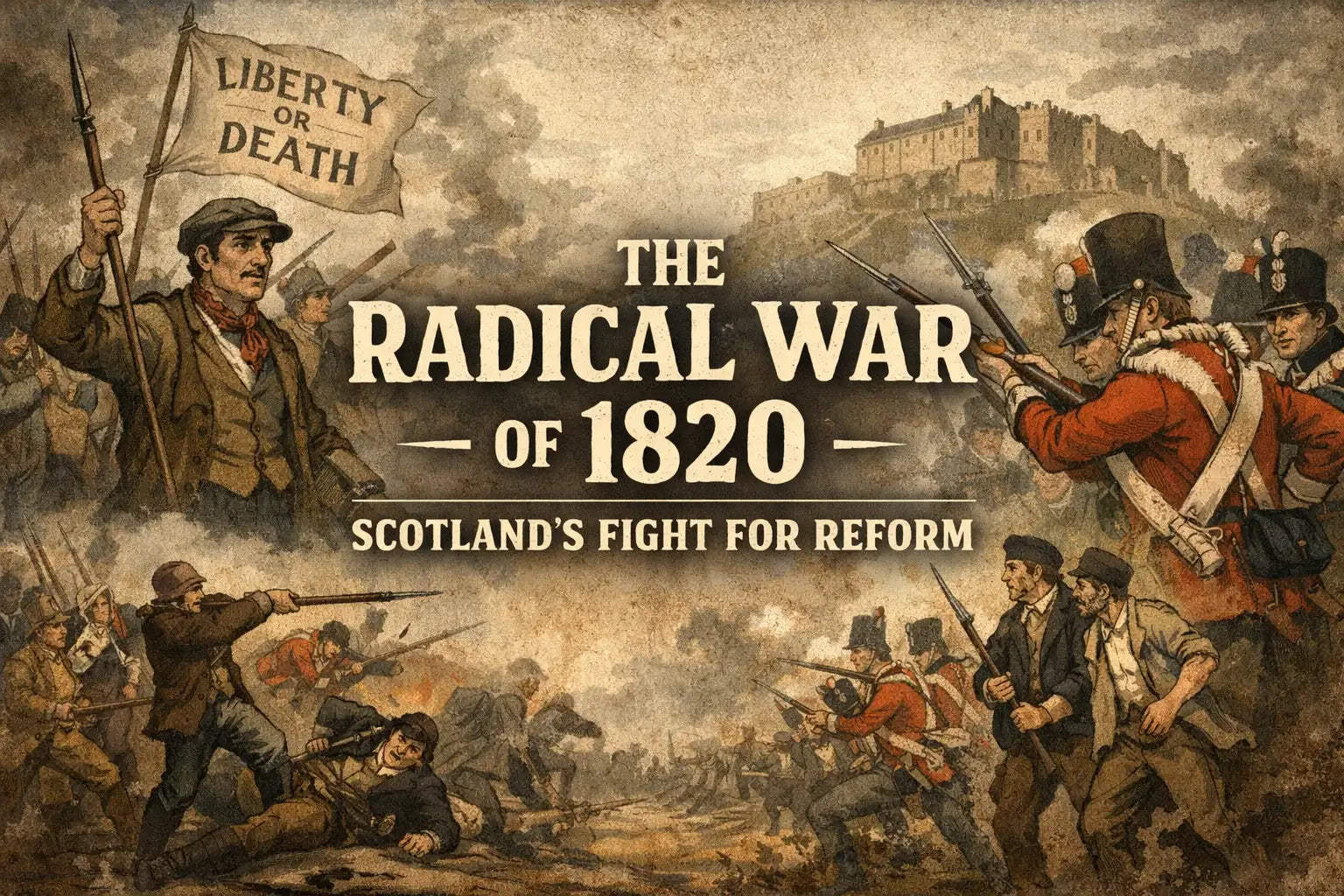 Vintage-style historical illustration for a Shopify blog showing the Radical War of 1820 in Scotland, with armed reformers and red-coated soldiers in battle, Stirling Castle in the background