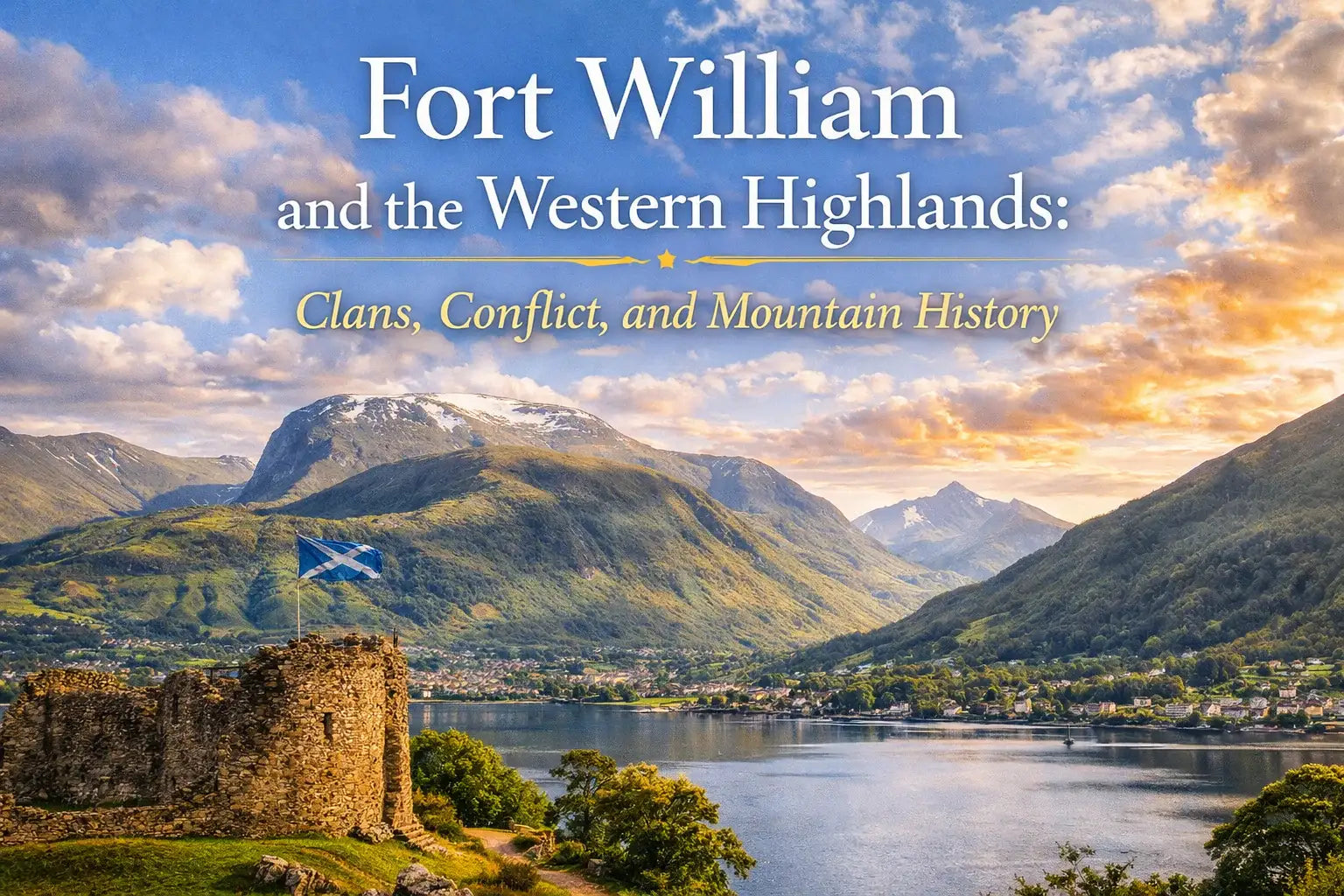 Fort William blog image with mountain landscape, loch, castle ruins, and title text.
