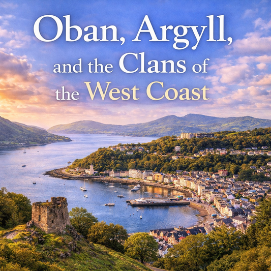 coastal town, bay, hills, and castle ruins.