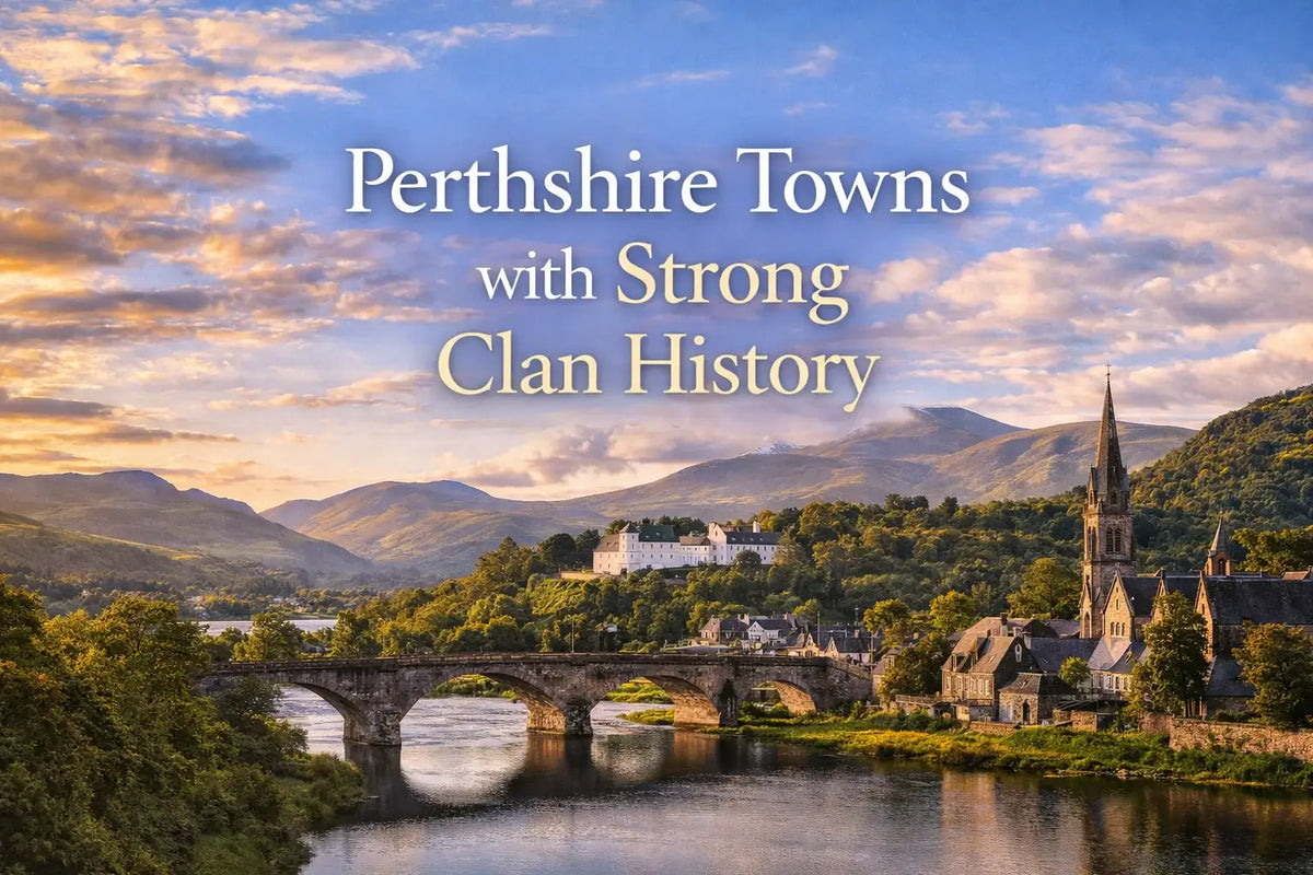 Perthshire blog image with centered title, river, stone bridge, church, and hills.