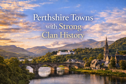 Perthshire blog image with centered title, river, stone bridge, church, and hills.