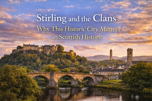 Stirling blog image with centered title, castle, stone bridge, river, and historic skyline.