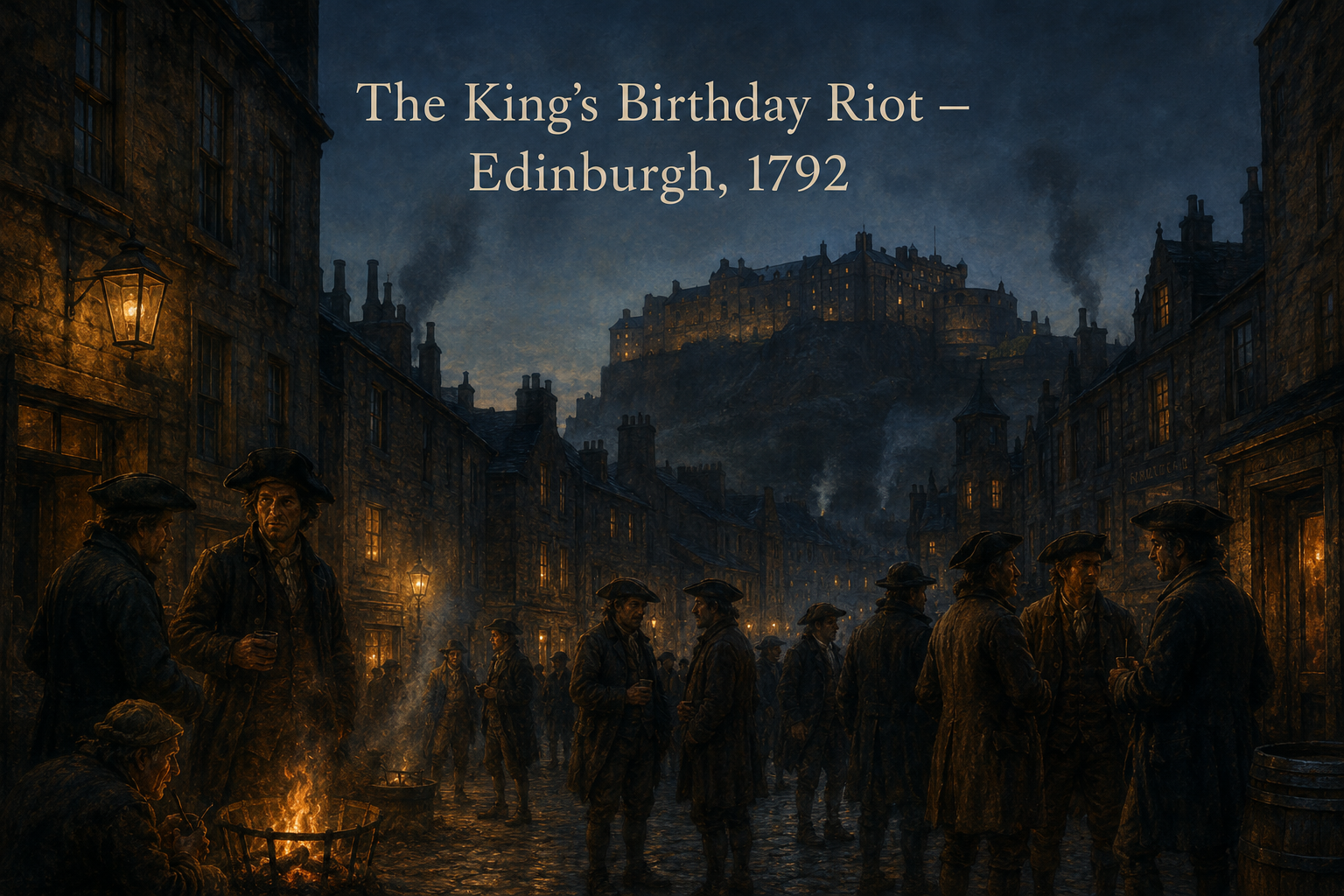 King's Birthday Riot 1792 Edinburgh — townsfolk gathered by lantern light in the Old Town.