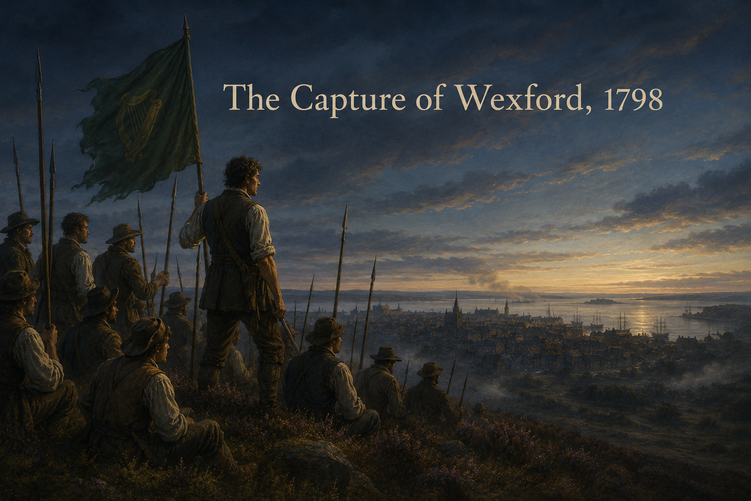 United Irishmen rebels with pikes overlooking Wexford town, 1798 Rising.
