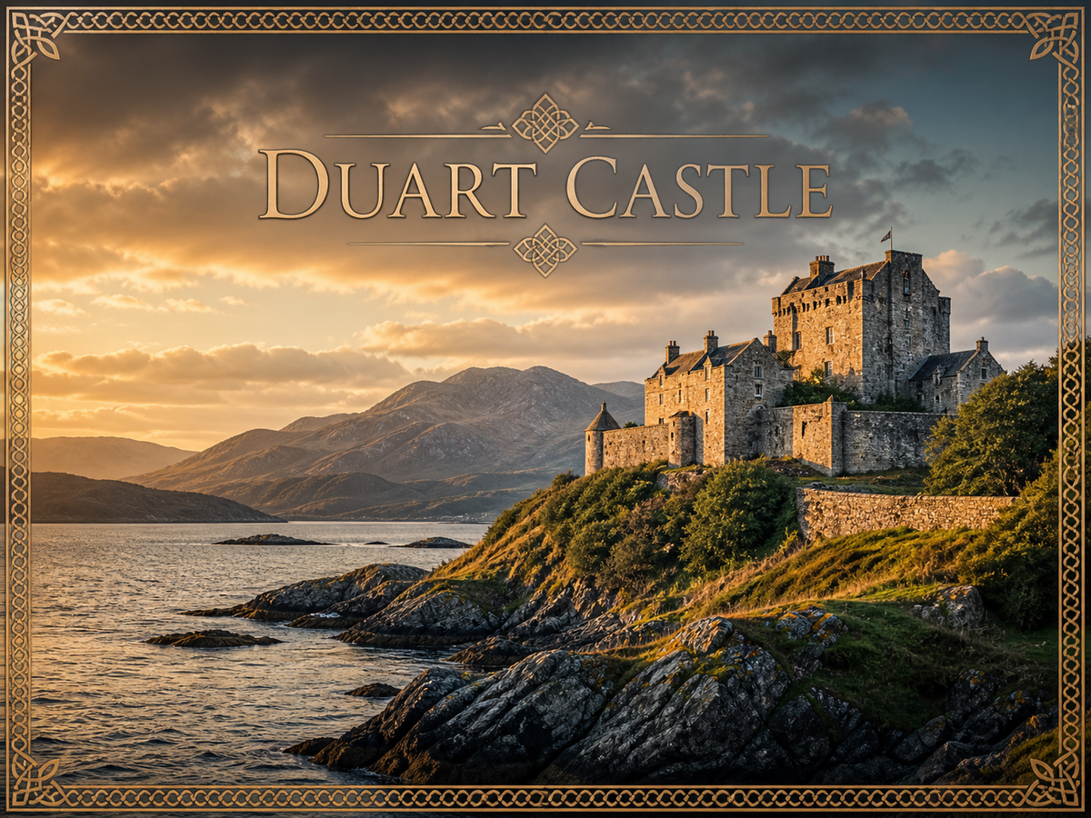 Duart Castle history with Isle of Mull coastal landscape, sunset sky, Scottish clan heritage design, and minimal centered title text.
