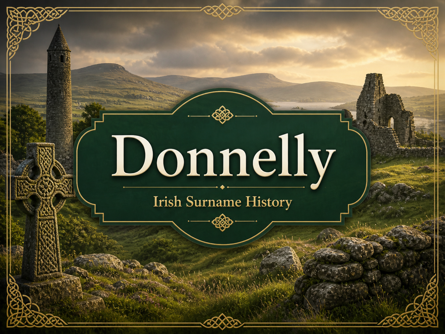 Donnelly Irish surname history with centered heritage title, Celtic cross, stone tower, Irish ruins, and rolling green landscape.