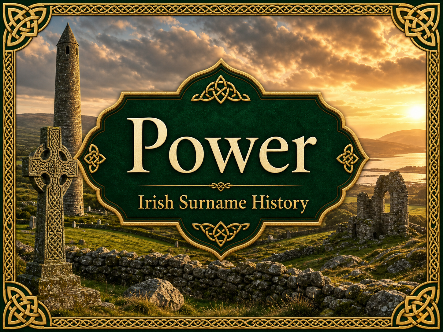 Power Irish surname history with centered heritage title, Celtic cross, round tower, Irish ruins, and golden countryside landscape.