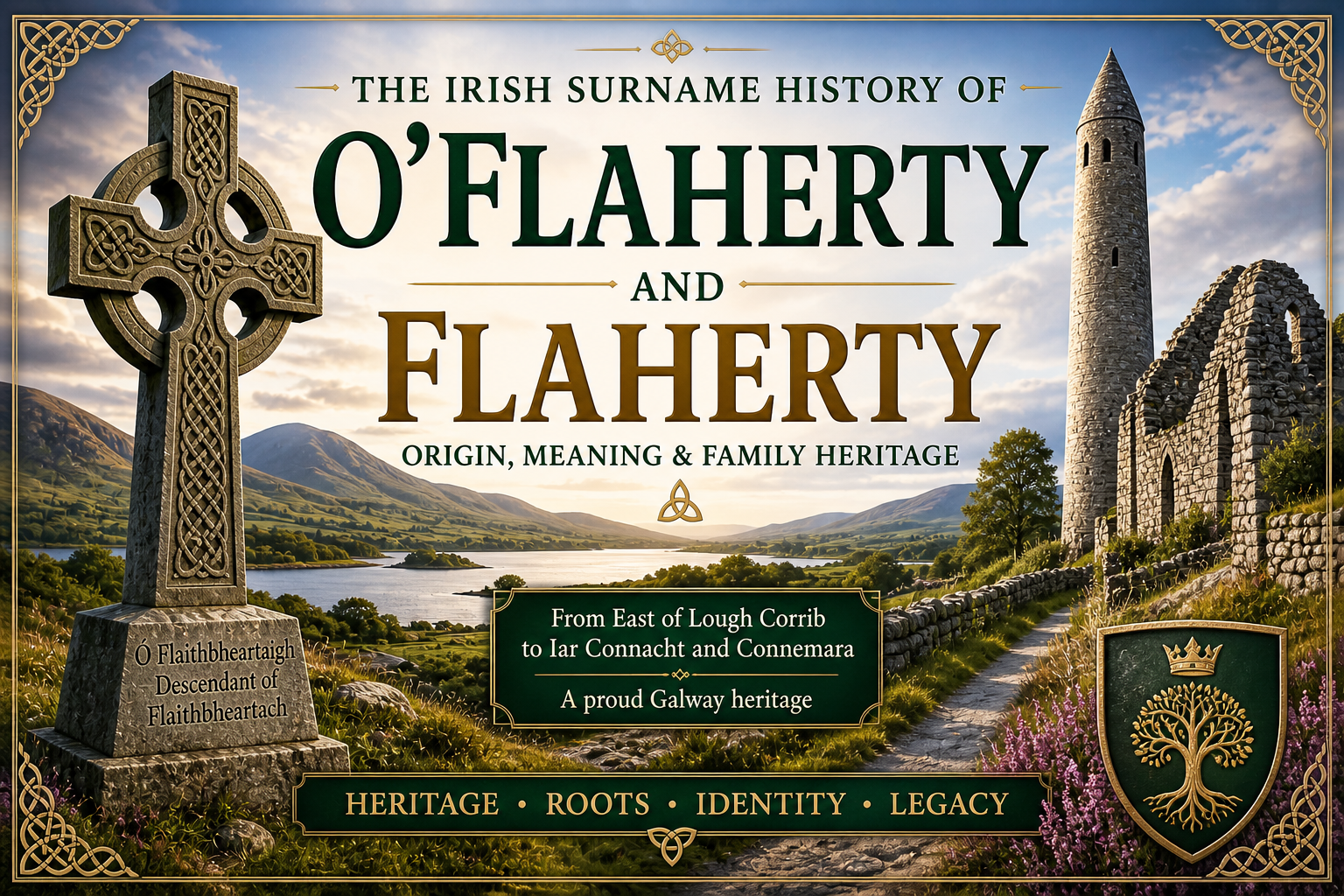 O'Flaherty Irish heritage surname — celebrating the history, origins, and Ó Flaithbheartaigh heritage of the lords of Iar Connacht and Connemara, one of the great Gaelic dynasties of the west