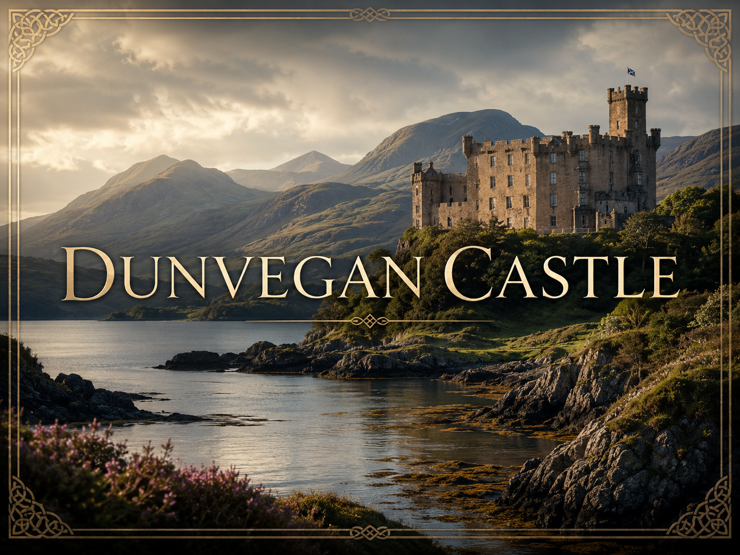 Dunvegan Castle history with centered title text, loch shoreline, rugged Isle of Skye mountains, and Scottish clan heritage design.
