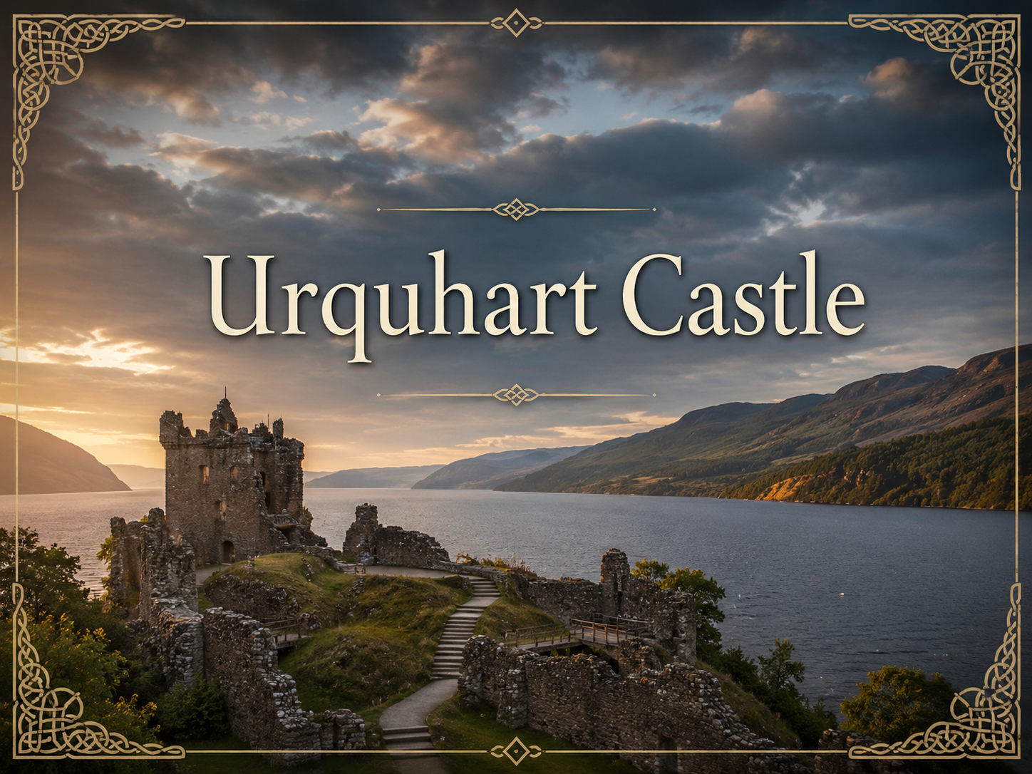 Urquhart Castle history with centered title text, Loch Ness landscape, Highland castle ruins, dramatic sunset sky, and Scottish clan heritage design.
