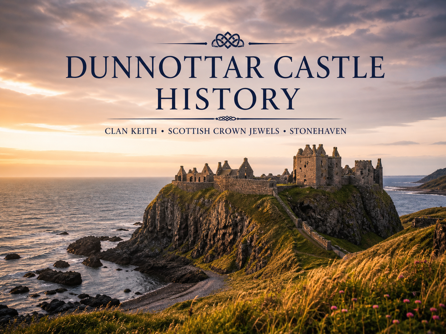 Dunnottar Castle history with coastal cliff ruins near Stonehaven, golden sunset light, Clan Keith connection, and Scottish Crown Jewels heritage.