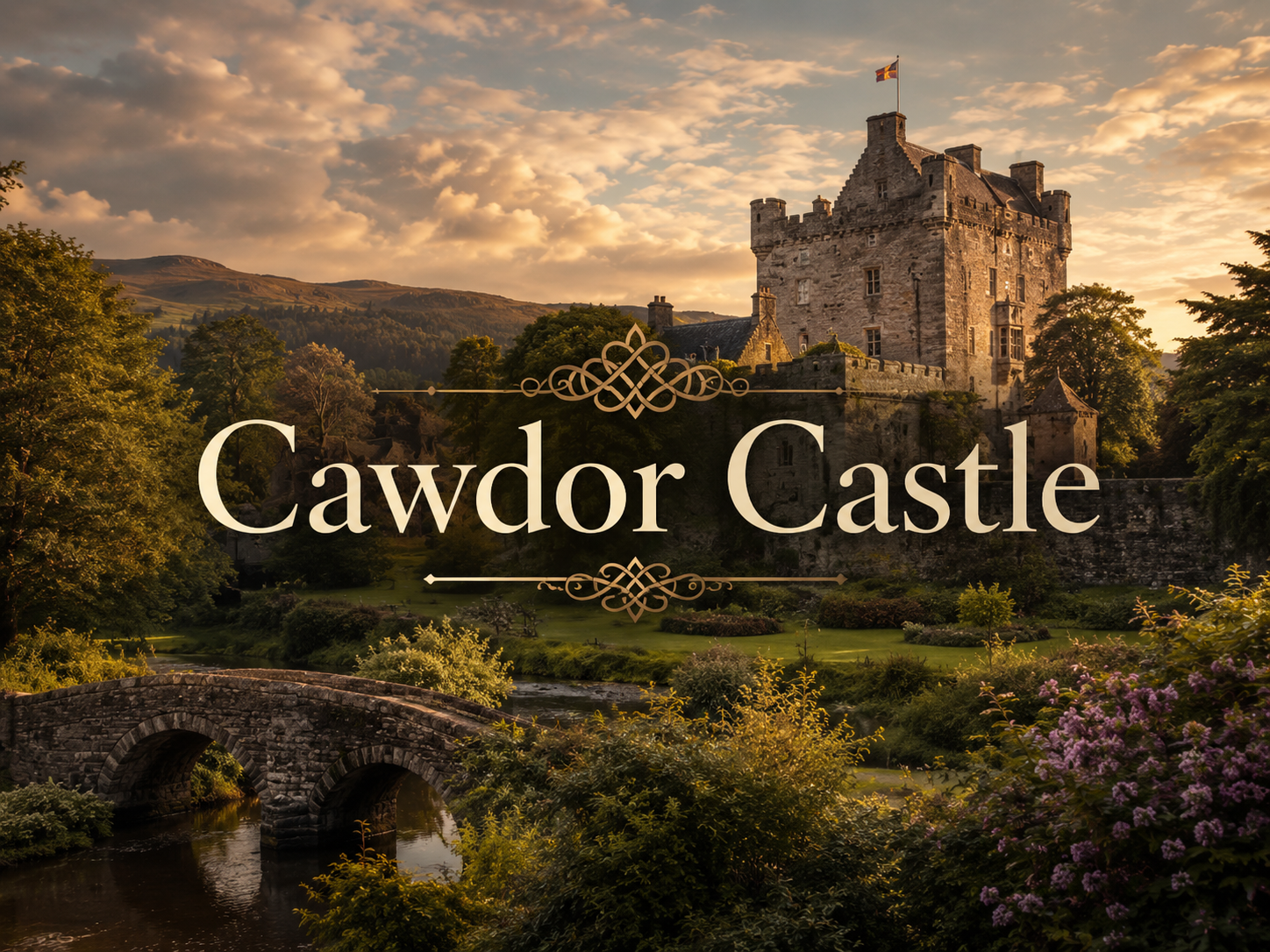 Cawdor Castle history with Nairnshire landscape, Macbeth literary connection, Calder and Campbell heritage, and Scottish clan connections.