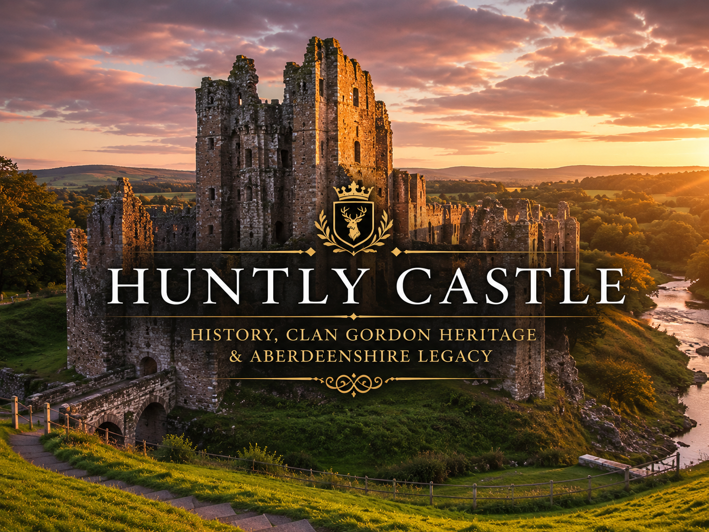 Huntly Castle history with Aberdeenshire landscape, Clan Gordon heritage, Strathbogie ruins, and northeast Scottish surname connections.