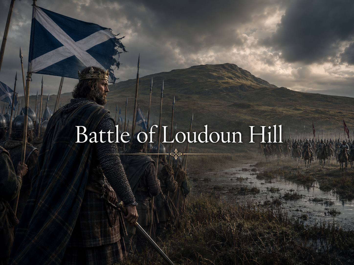 Battle of Loudoun Hill scene with Robert the Bruce, Scottish spearmen, and a Saltire flag before a marshy Ayrshire battlefield.