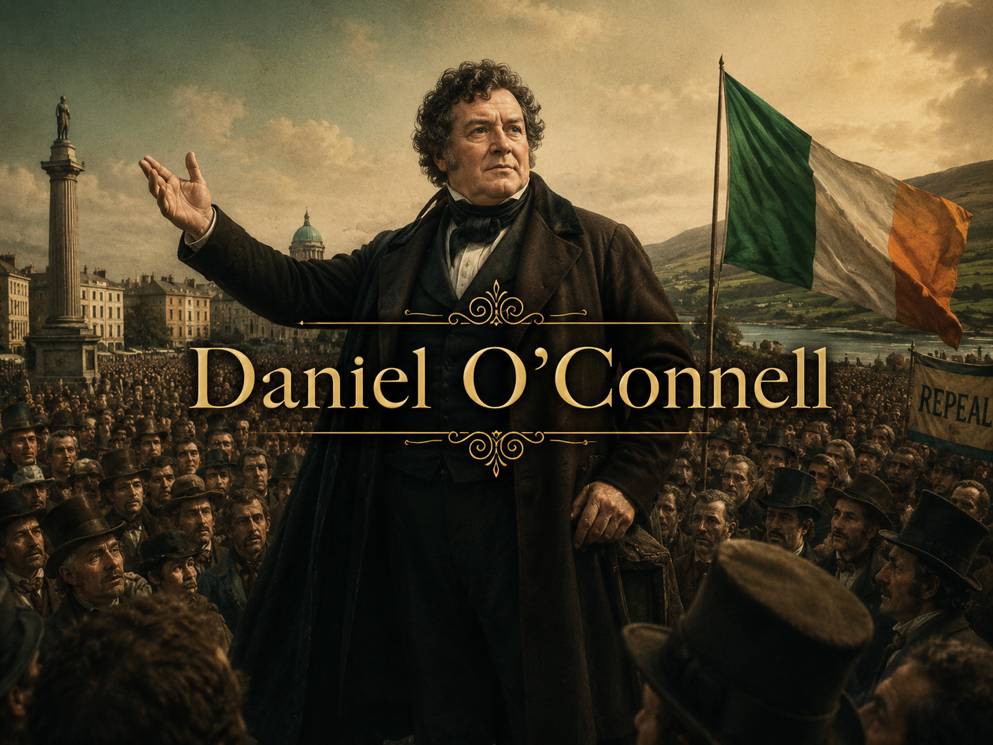 Daniel O’Connell, The Liberator, speaking before a large Irish crowd with an Irish flag.