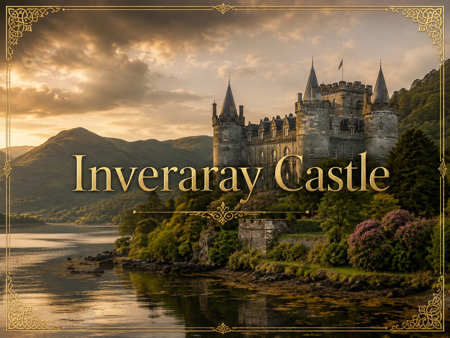 Inveraray Castle history with centered title text, Loch Fyne shoreline, Argyll mountain backdrop, golden-hour light, and Scottish clan heritage design.