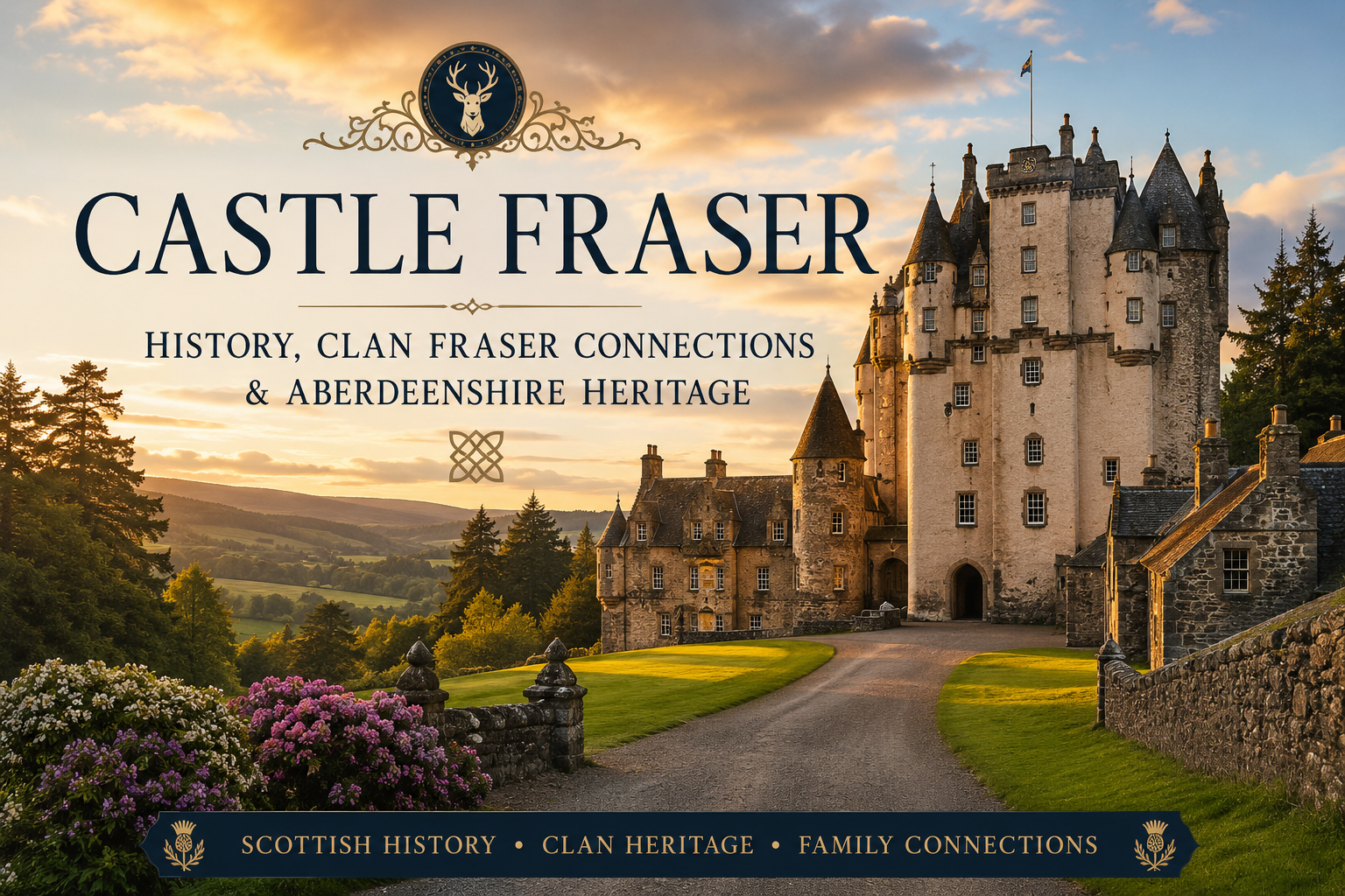 Castle Fraser history with Aberdeenshire landscape, Clan Fraser heritage, Scottish tower house, and northeast clan connections.