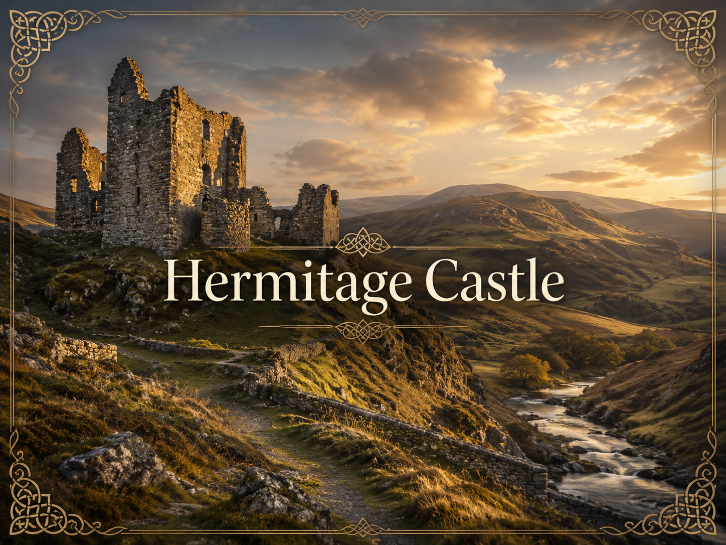 Hermitage Castle history with Scottish Borders landscape, Liddesdale ruins, Border Reiver heritage, and Scottish surname connections.