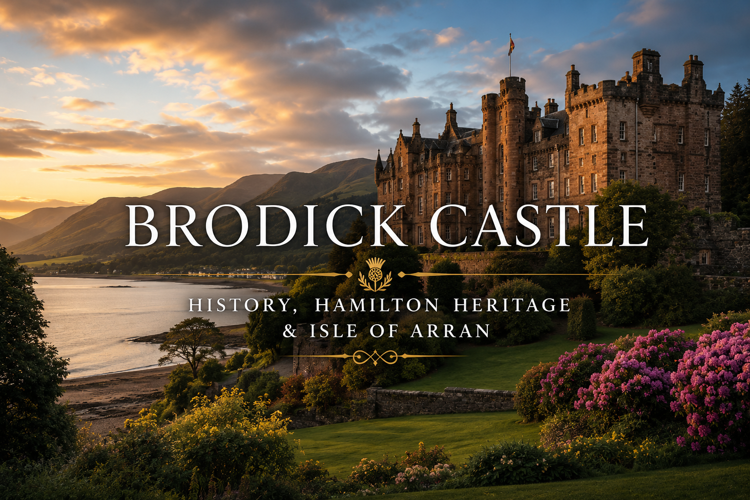 Brodick Castle history with Isle of Arran landscape, Hamilton family heritage, Firth of Clyde views, and Scottish surname connections.