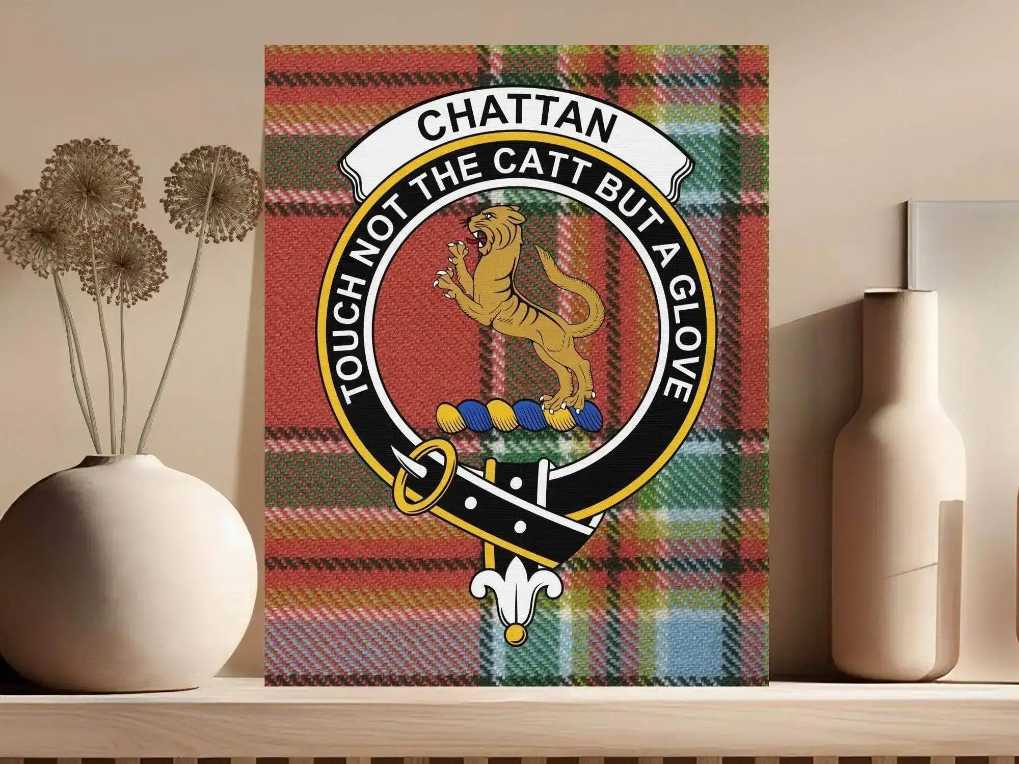 Chattan clan Scottish tartan crest canvas representing the Badenoch Highland confederation and the motto Touch Not the Cat