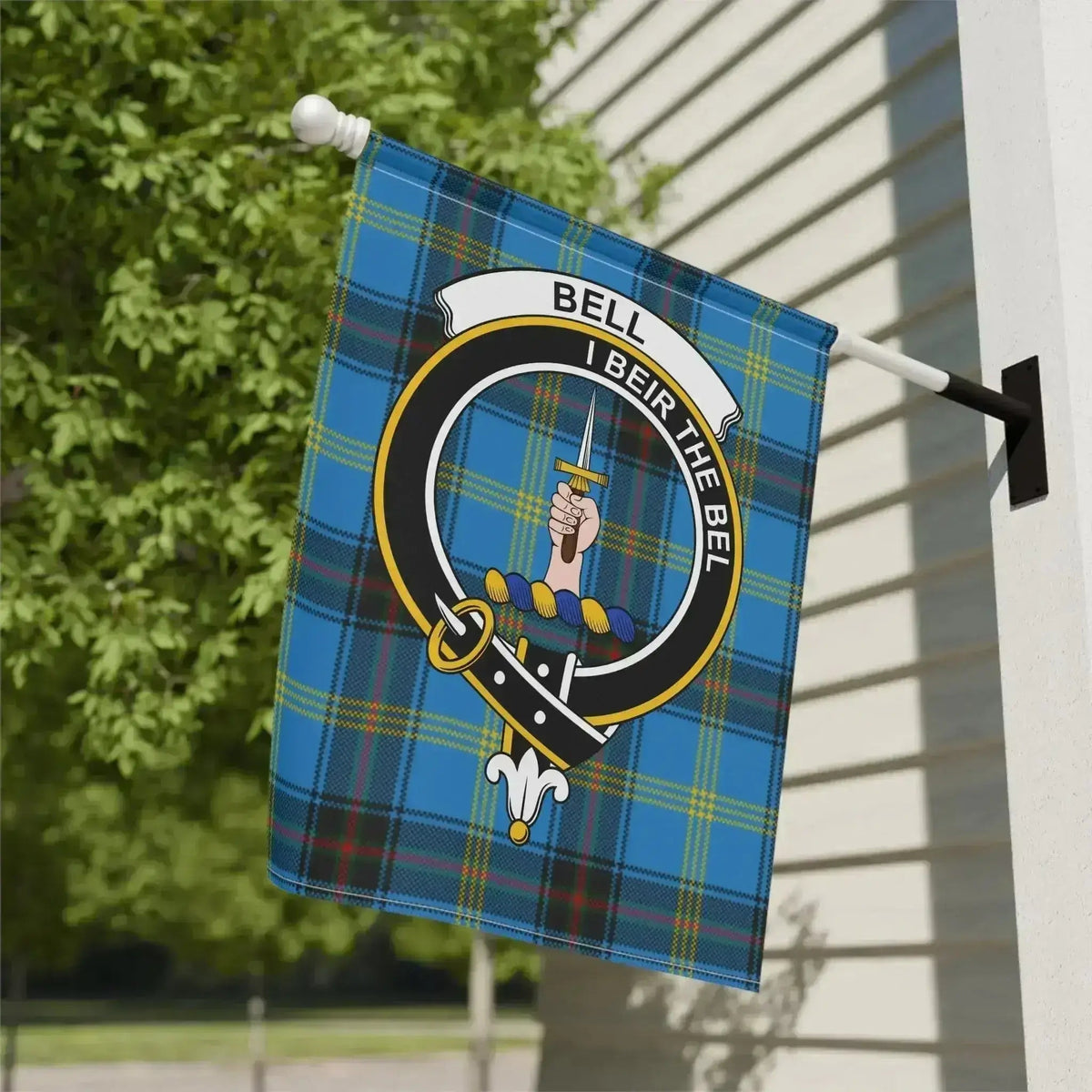 Bell Scottish family-name garden flag on an outdoor pole; pole not included with the product