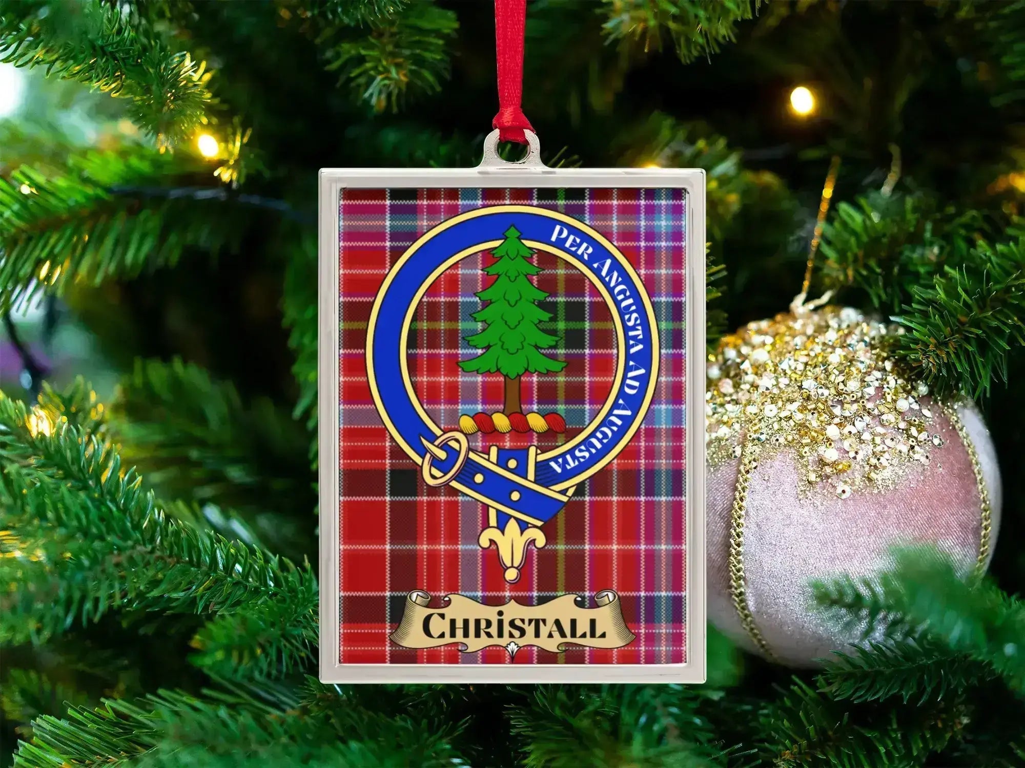 Chrystall family crest tartan keepsake ornament, a Scottish heritage gift