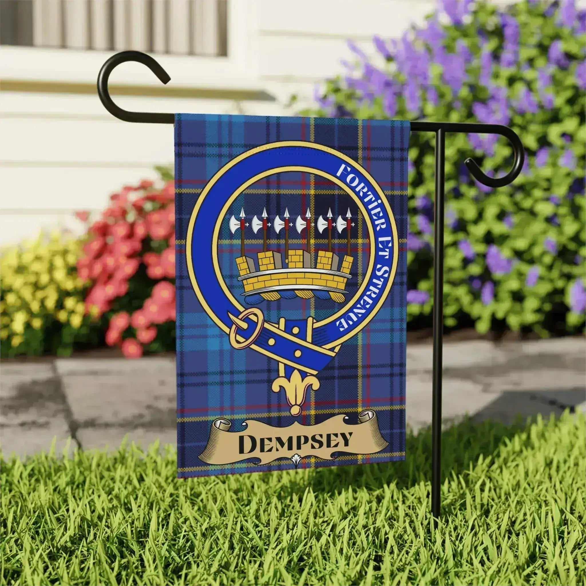 Dempsey family crest garden flag on a tartan background, a heritage gift for the Dempsey name in the west of Scotland