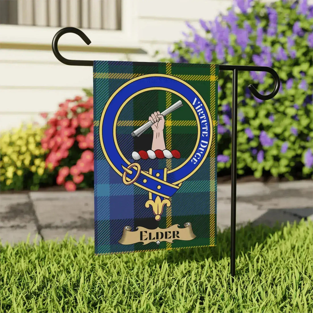 Elder family crest tartan garden flag, a Scottish heritage gift