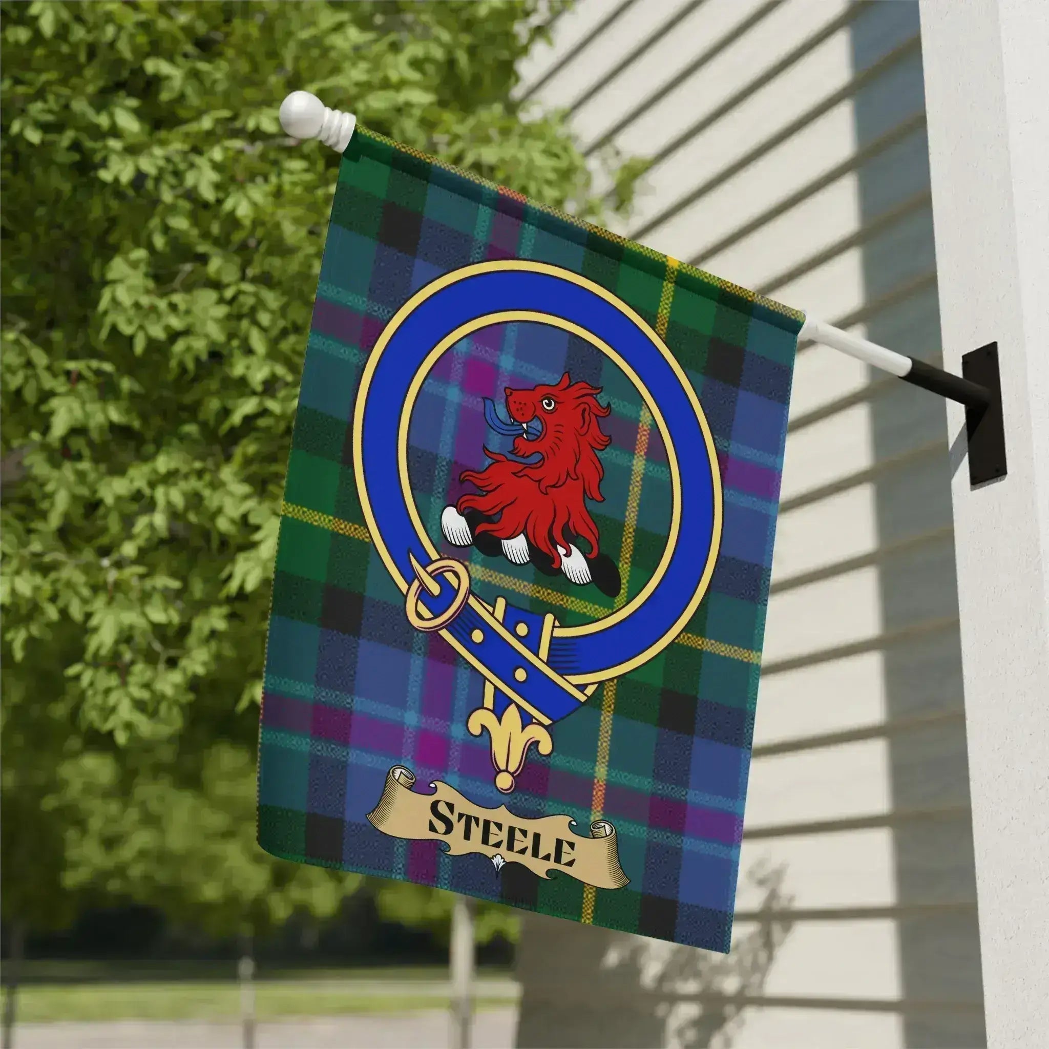 Steele family crest tartan garden flag, a Scottish heritage gift