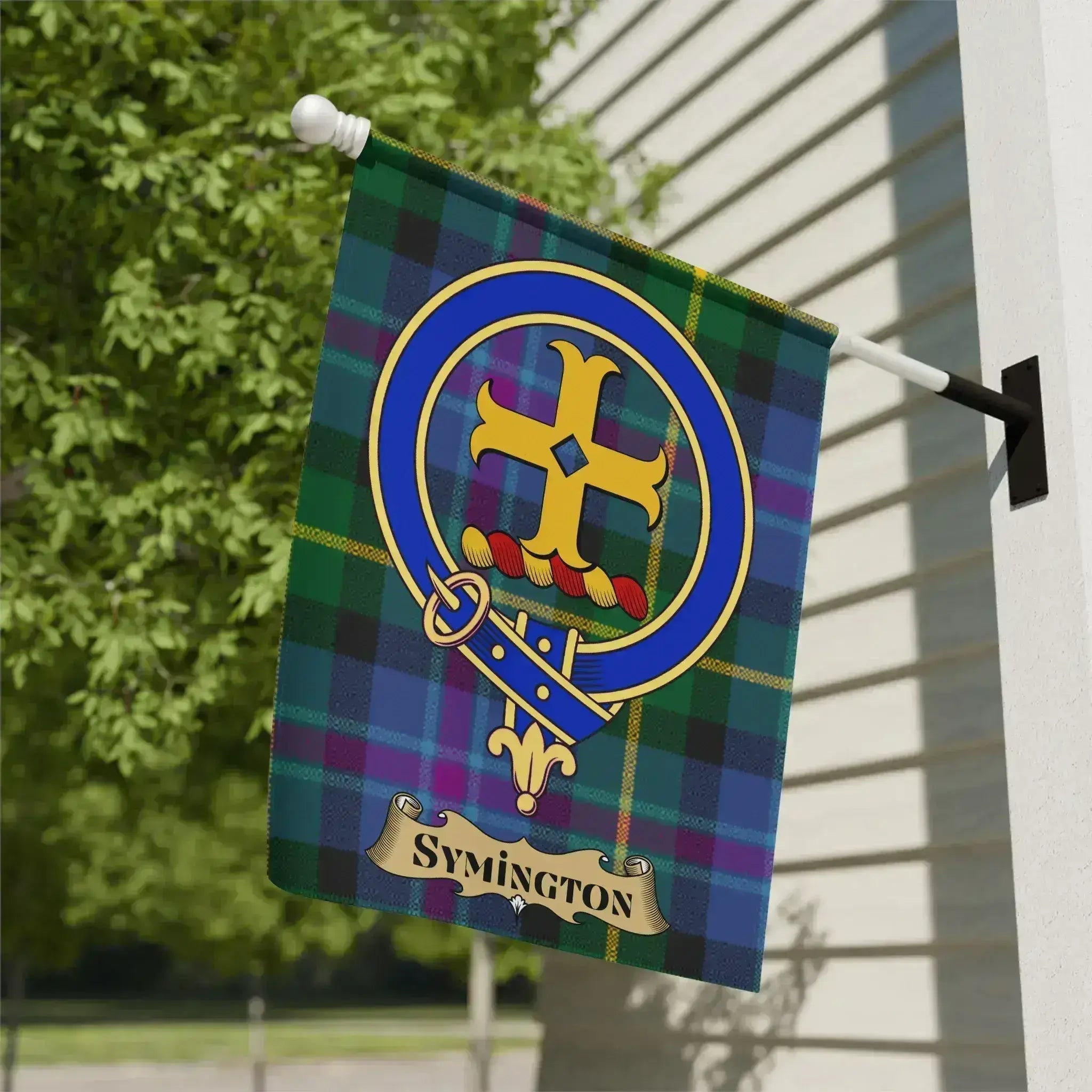 Symington family crest tartan garden flag, a south-west Scotland heritage gift