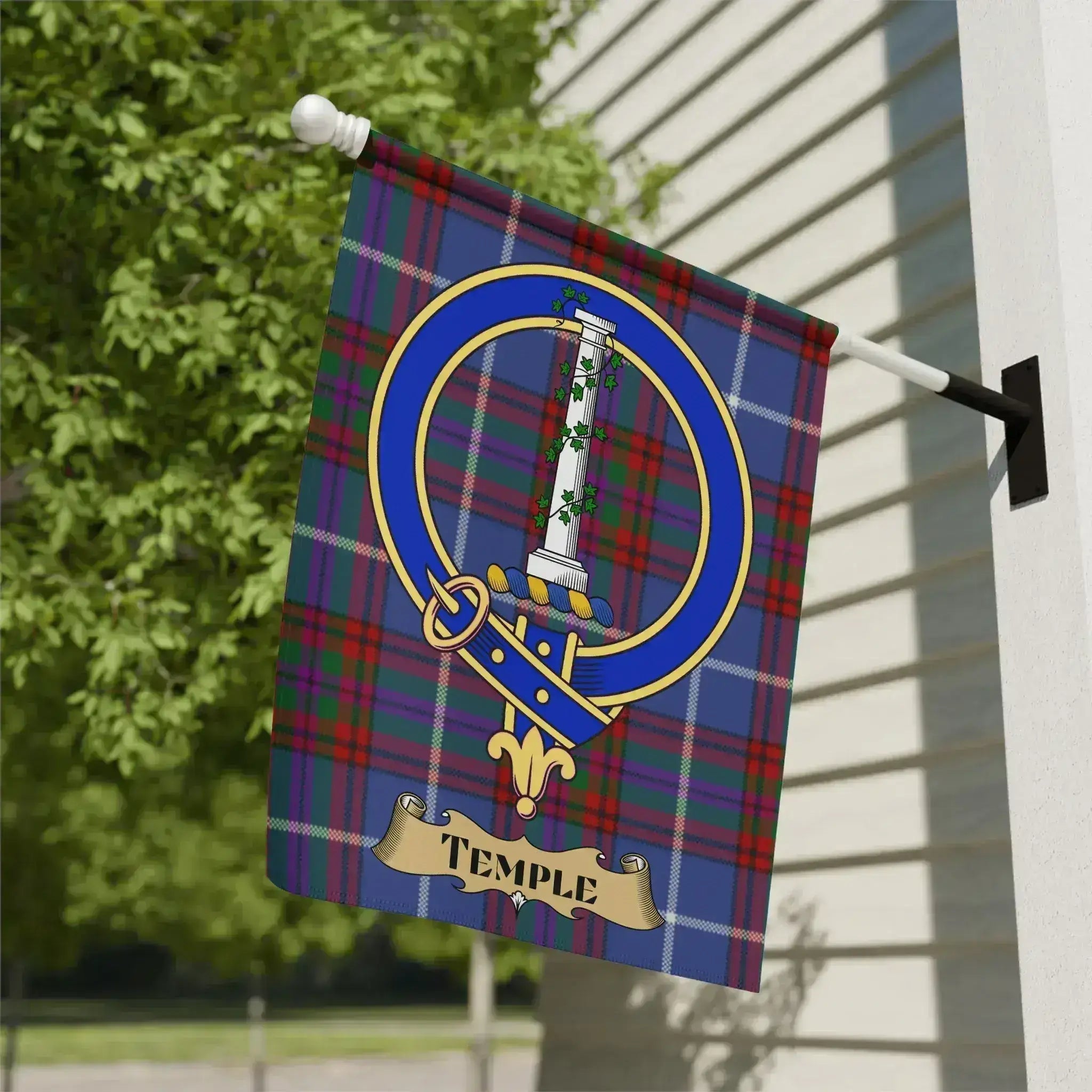 Temple family crest garden flag on a woven tartan background, a porch banner for a Midlothian residence surname
