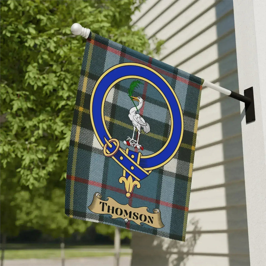 Thomson family crest tartan garden flag, a Scottish heritage gift