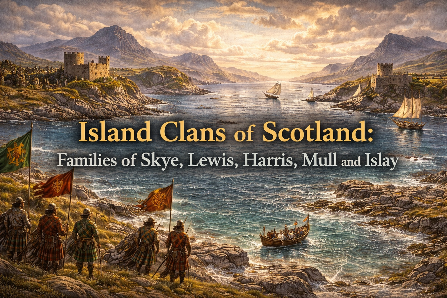 Hebridean island clans overlooking a rugged seascape beneath the title Island Clans of Scotland: Families of Skye, Lewis, Harris, Mull, and Islay