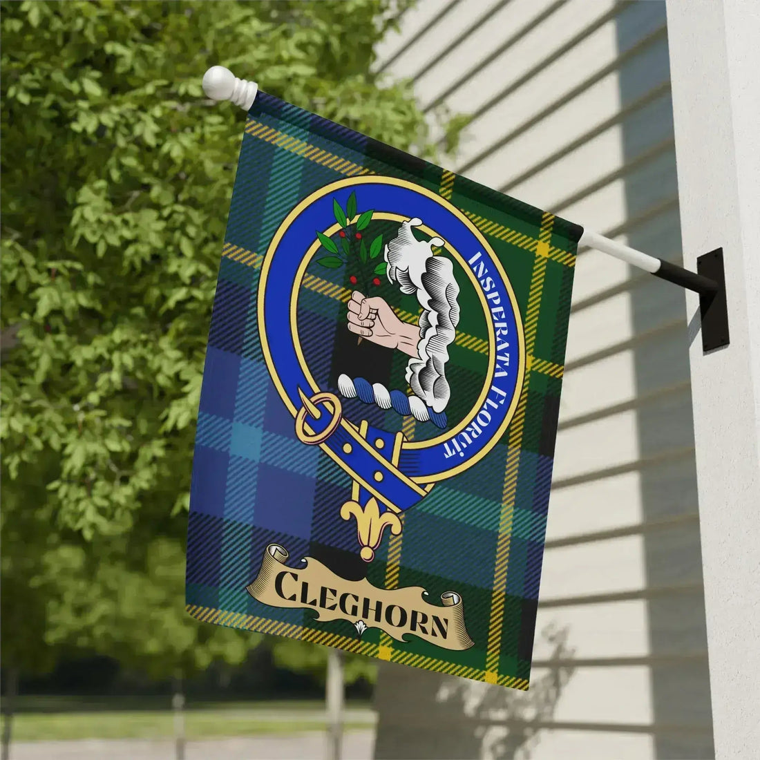 Cleghorn family crest tartan garden flag, a Lanarkshire Scottish heritage gift