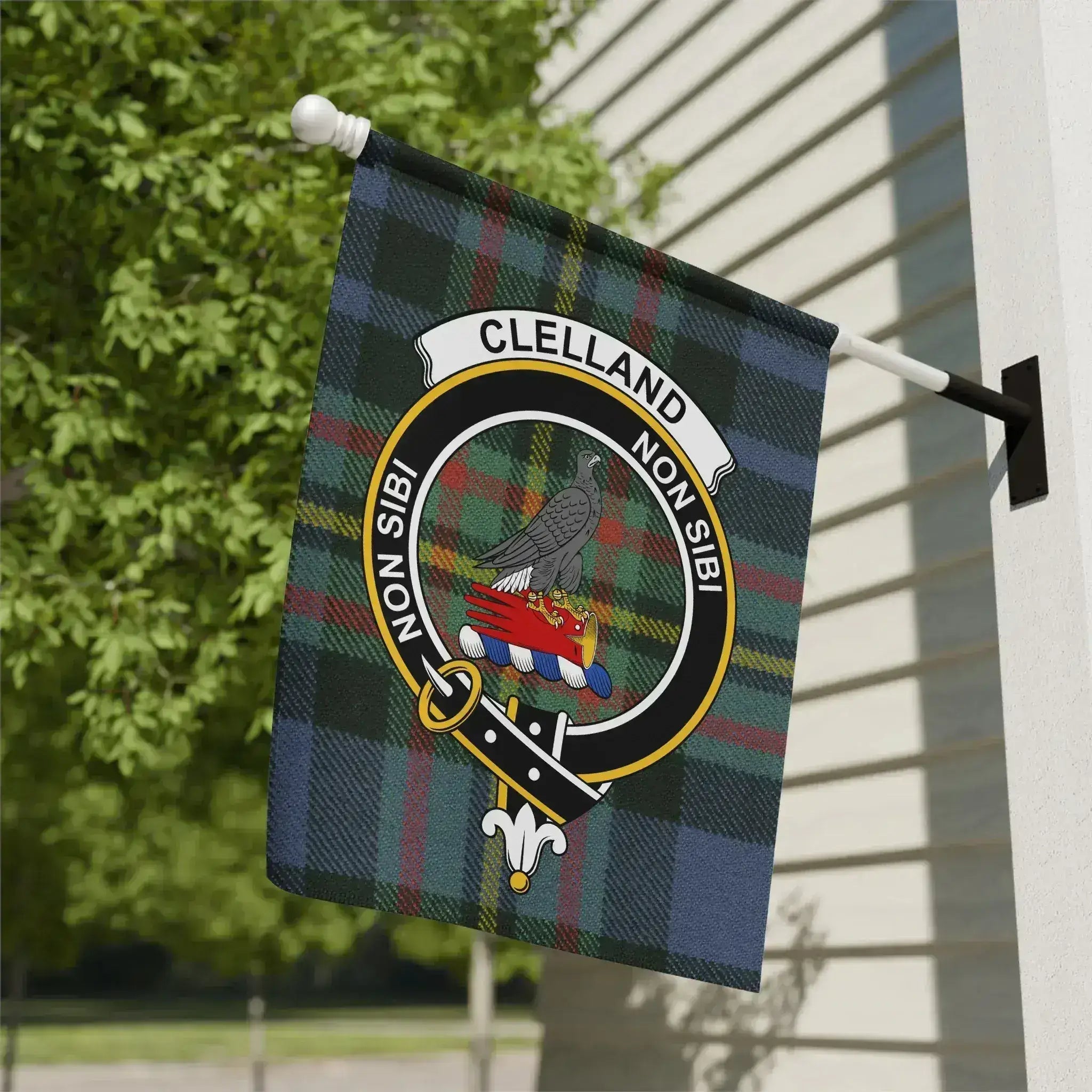 Clelland clan Scottish tartan garden flag representing Galloway heritage and the MacLellan sept connection