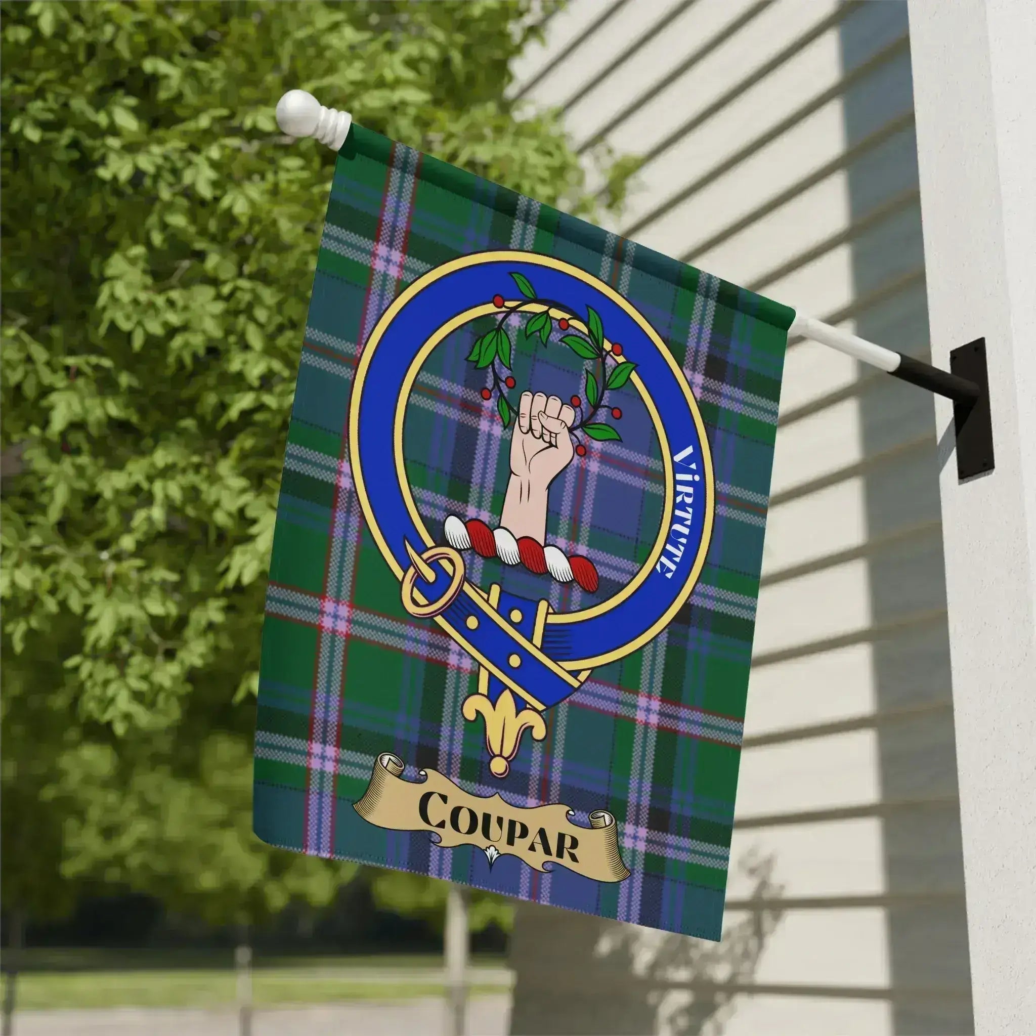 Coupar family crest garden flag on a tartan background, an outdoor Scottish heritage banner for the Coupar surname