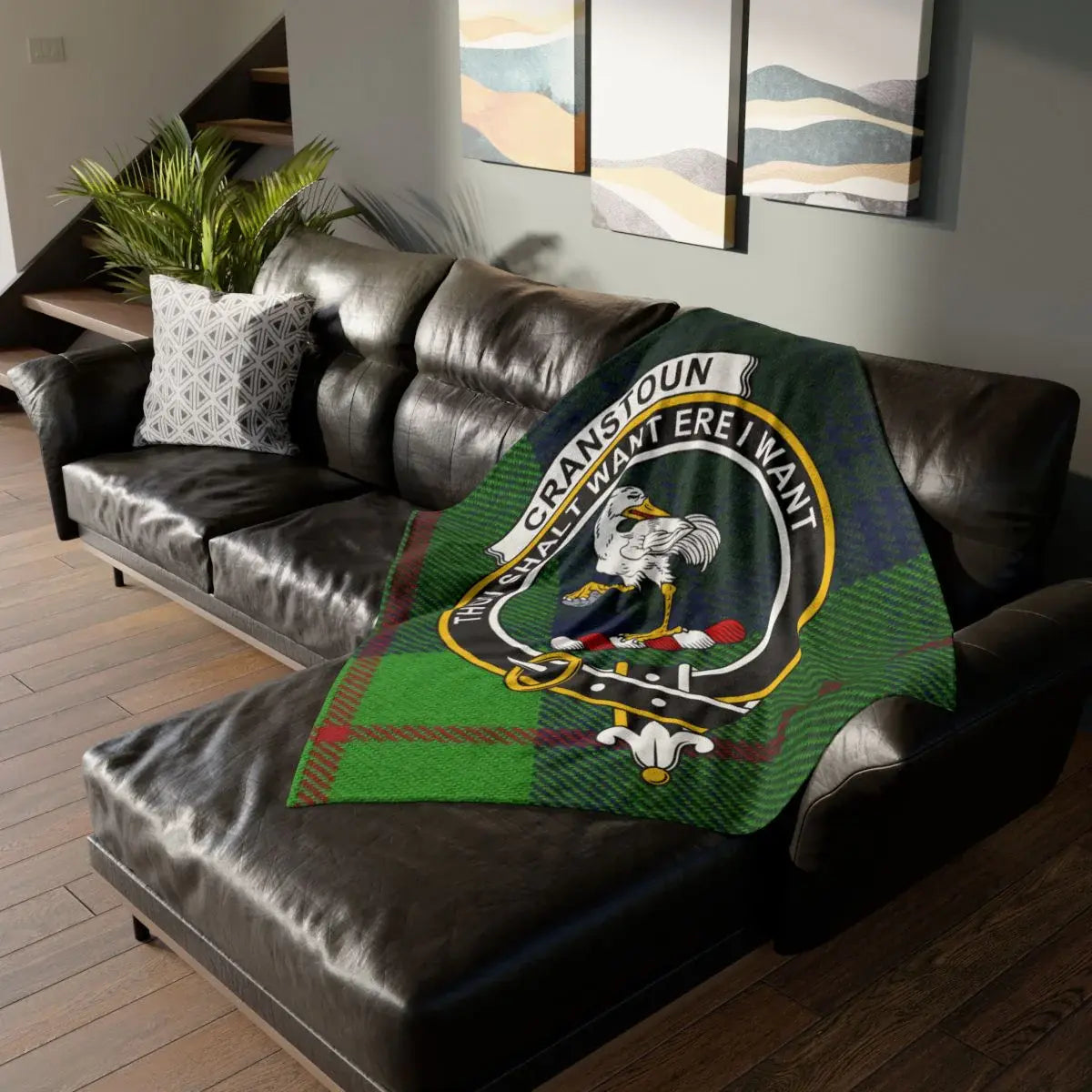 Clan Cranstoun tartan throw blanket with crane crest, a Scottish Borders heritage gift