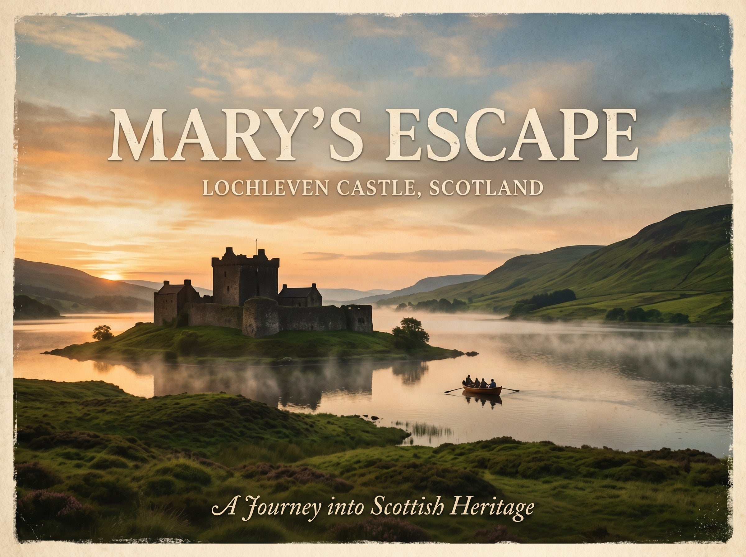 Vintage-style Scottish loch and island castle scene with centered text reading Mary’s Escape.